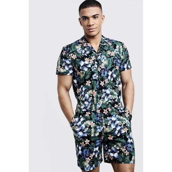 BoohooMAN Floral Print Revere Collar Short Jumpsuit Men’s Large - Picture 1 of 11